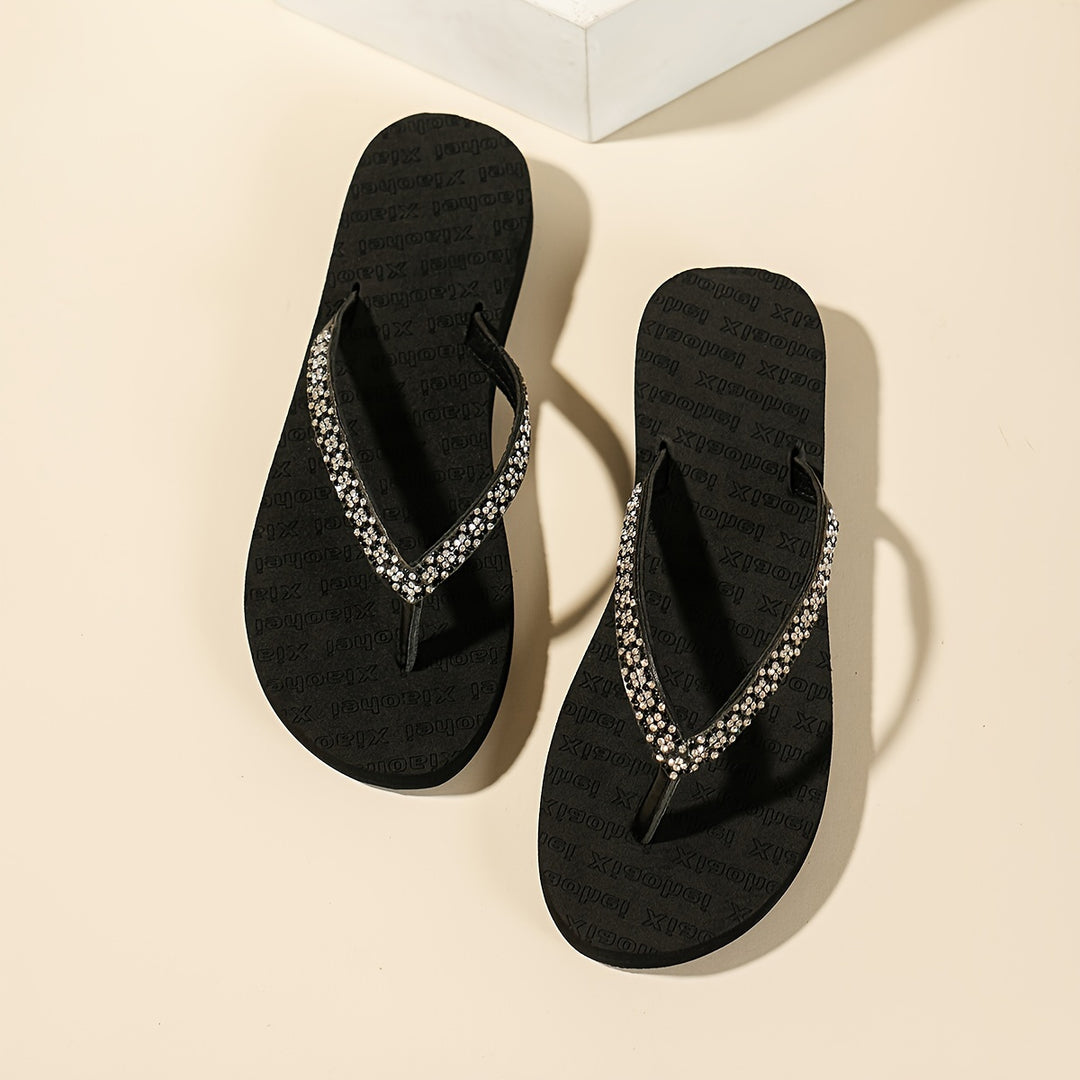 Women's Fashion Rhinestone-Embellished Flat Flip-Flops, Black Charming Beach Slides