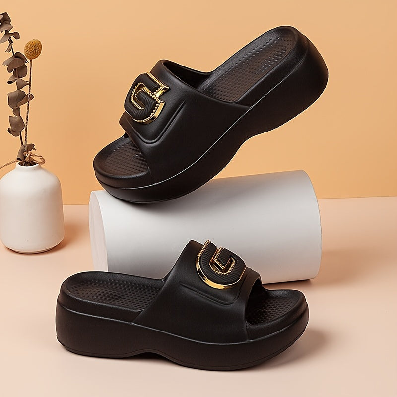Stylish Women's Summer Platform Slide Sandals - Pink EVA Thick Sole with Metallic "G" Decor, Open Toe, Mid-Heel, Easy Slip-On, Hand Washable, Ladies Sandals
