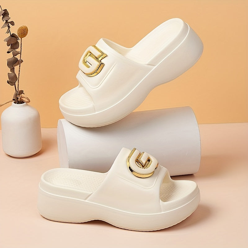 Stylish Women's Summer Platform Slide Sandals - Pink EVA Thick Sole with Metallic "G" Decor, Open Toe, Mid-Heel, Easy Slip-On, Hand Washable, Ladies Sandals
