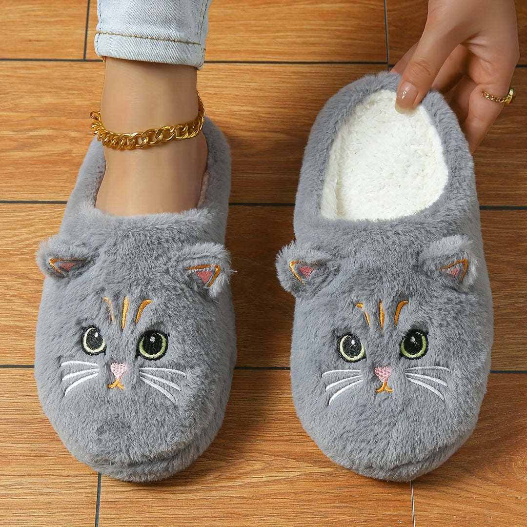 Women's Cute Cartoon Black Cat Slippers with Big Eyes and Ears, Soft Warm Non-slip Indoor House Slip-on Slippers with Fabric Upper, Inner, Insole and TPR Sole