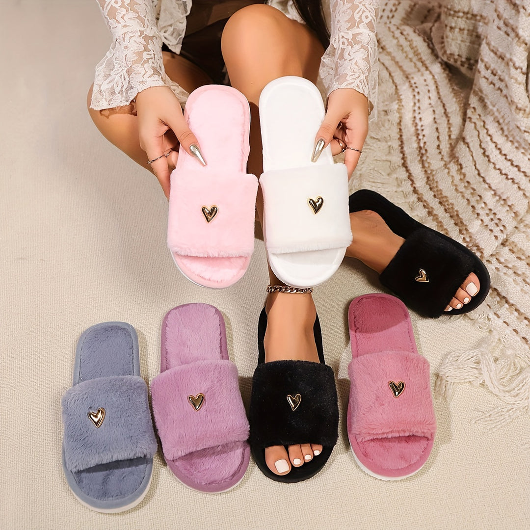 New high-end fashion love-decorated plush slippers for women with open toes, soft and comfortable, lightweight, suitable for bedroom, living room, home, suitable for all seasons