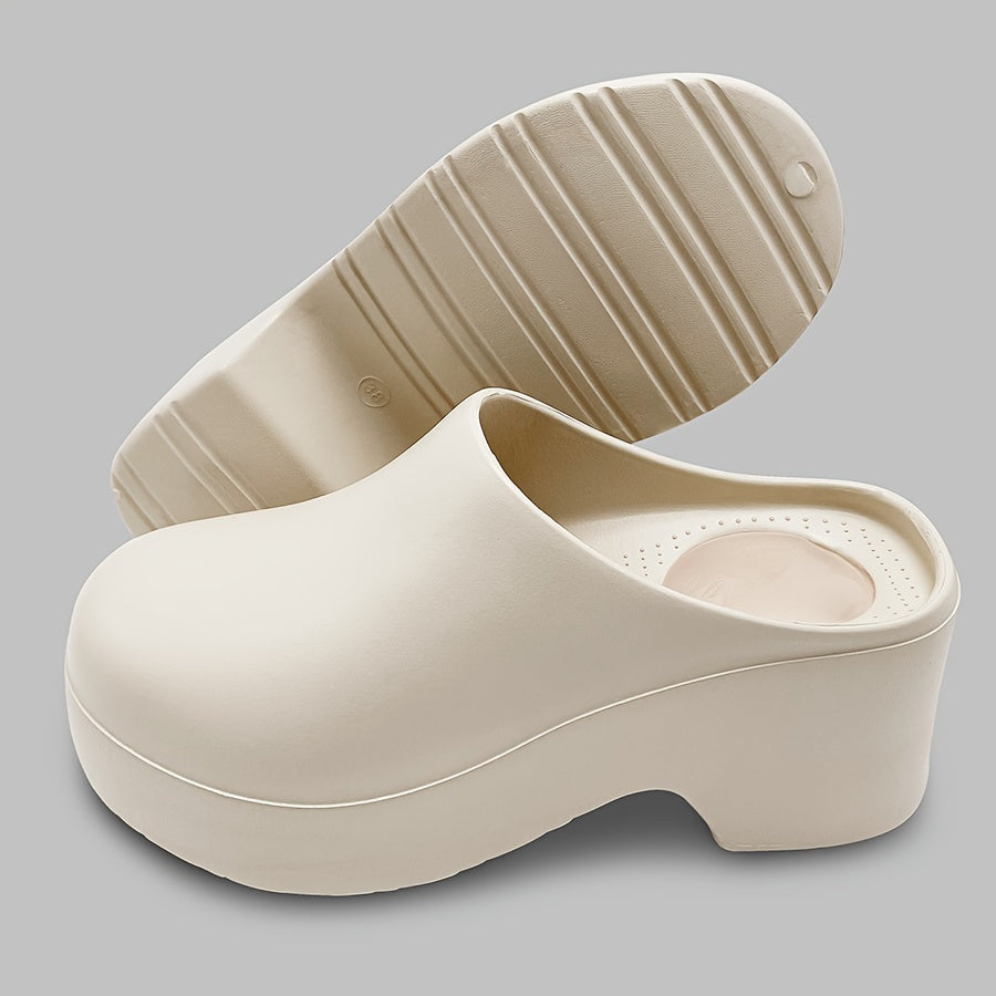 Minimalist EVA Heeled Mules for Women | All-Season Slip-On Round Toe Sandals with Mary-Jane Strap | Solid Color, Waterproof, Wear-Resistant, Mid-Heel Block with Cushioned Insole