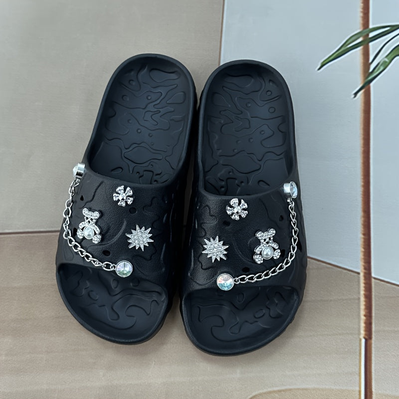 Women's Simple and Cute Solid Color Bear Silvery Chain Fashionable and Versatile Casual and Beautiful Refusal Wear-resistant and Anti-slip Daily Elegant and Sweet One-word Slippers for Walking in the Garden, Beach, Bathroom a