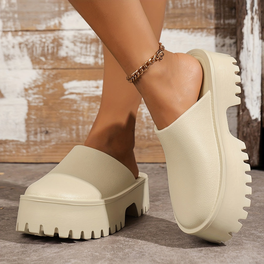 [Outdoor Adventures] Women's Stylish Beige Slip-On Platform Sandals - Waterproof, Non-Slip Thick Sole, Round Toe EVA Material, All-Season Comfort Shoes for Outdoor Wear, Versatile Comfort Shoes | Chic Slipon Sandals | EVA Mat
