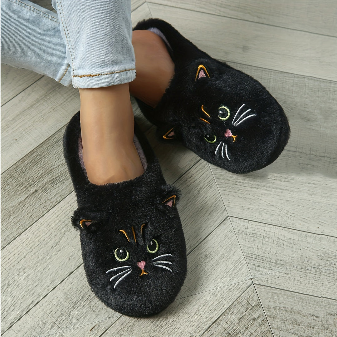 Women's Cute Cartoon Black Cat Slippers with Big Eyes and Ears, Soft Warm Non-slip Indoor House Slip-on Slippers with Fabric Upper, Inner, Insole and TPR Sole
