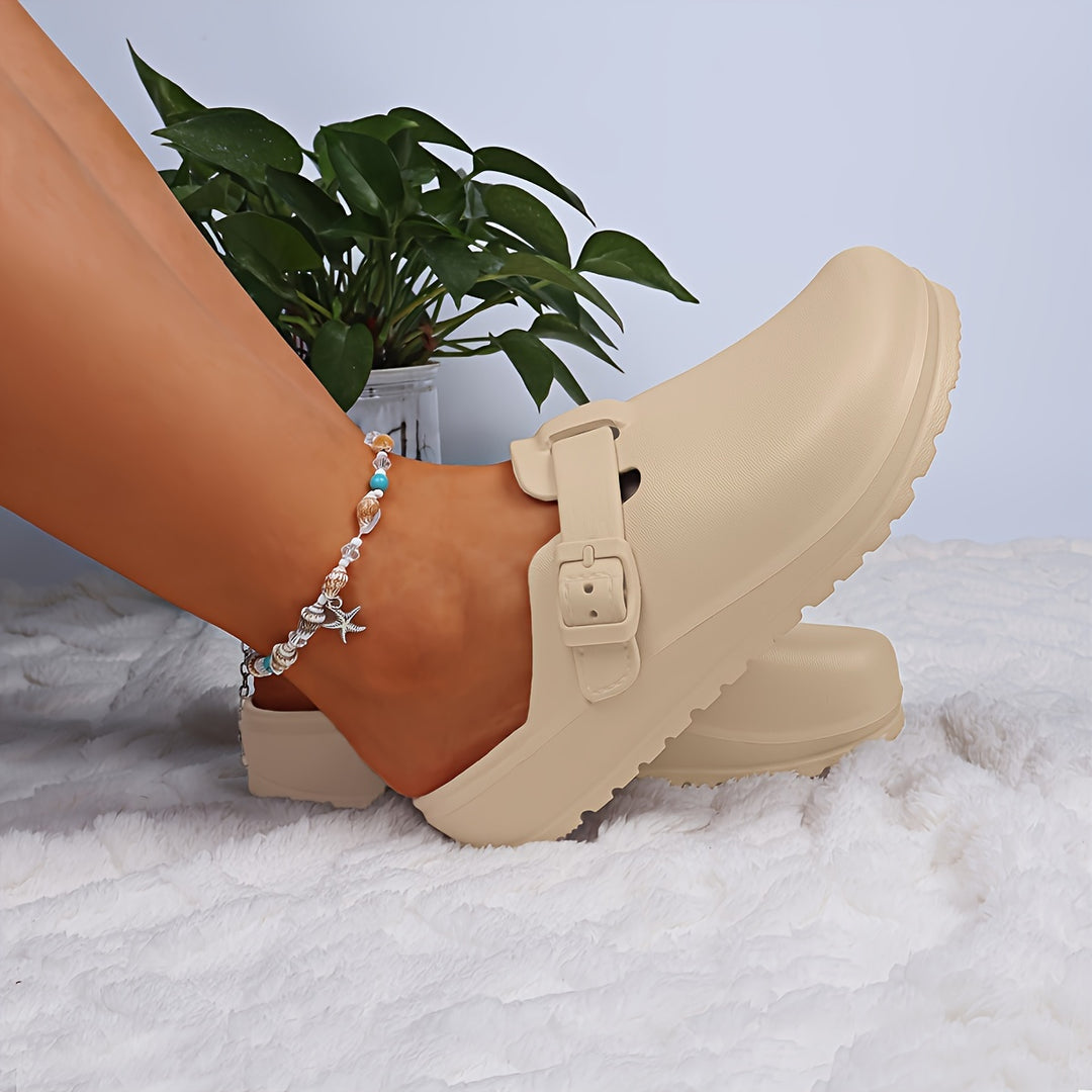 Women's Solid Color Clogs, Casual Buckle Strap Design Flat Shoes, Comfortable Slip On Shoes