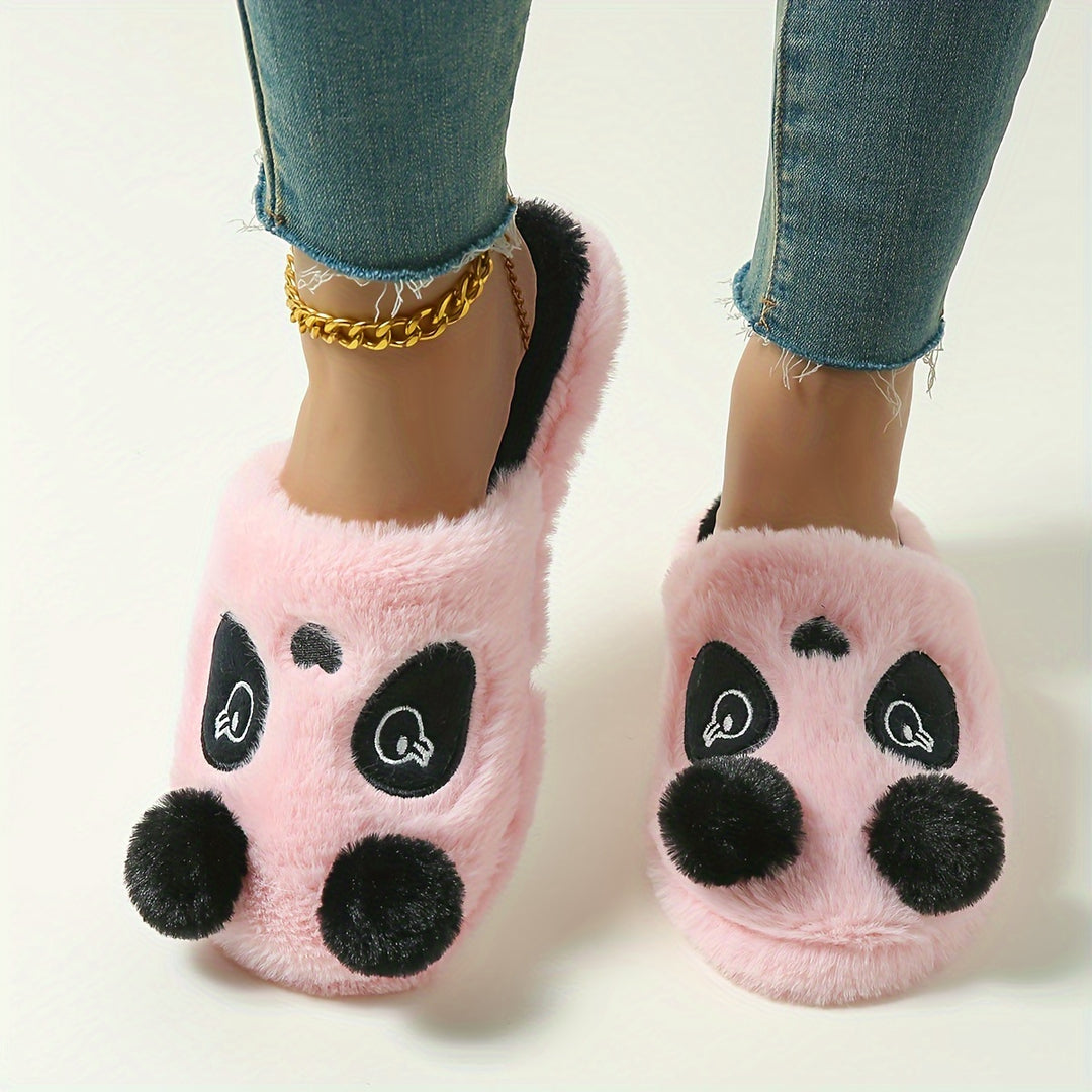 Cozy Panda Cartoon Plush Home Slippers for Men and Women - Soft Fabric, Black & White Design with Fluffy Ball Detail, TPR Sole, Hand Washable - Perfect for Winter Comfort, Cute Slippers