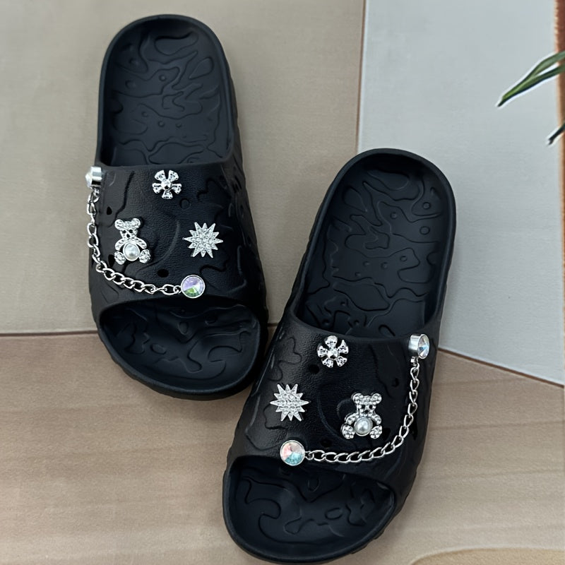 Women's Simple and Cute Solid Color Bear Silvery Chain Fashionable and Versatile Casual and Beautiful Refusal Wear-resistant and Anti-slip Daily Elegant and Sweet One-word Slippers for Walking in the Garden, Beach, Bathroom a