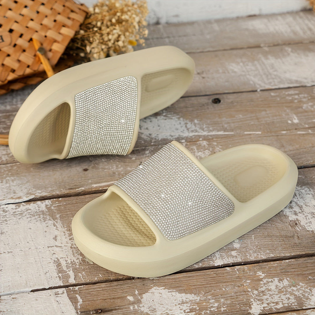 Women's Sparkling Rhinestone Pink Slides - Non-Slip, Durable EVA Material, Open-Toe Indoor/Outdoor Slippers with Soft Sole - Retro Fashion, All-Season Comfort, Casual Slippers | Open Toe Slippers | EVA Sandals