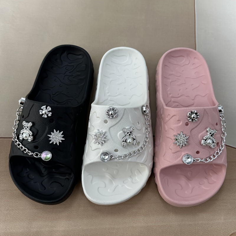 Women's Simple and Cute Solid Color Bear Silvery Chain Fashionable and Versatile Casual and Beautiful Refusal Wear-resistant and Anti-slip Daily Elegant and Sweet One-word Slippers for Walking in the Garden, Beach, Bathroom a