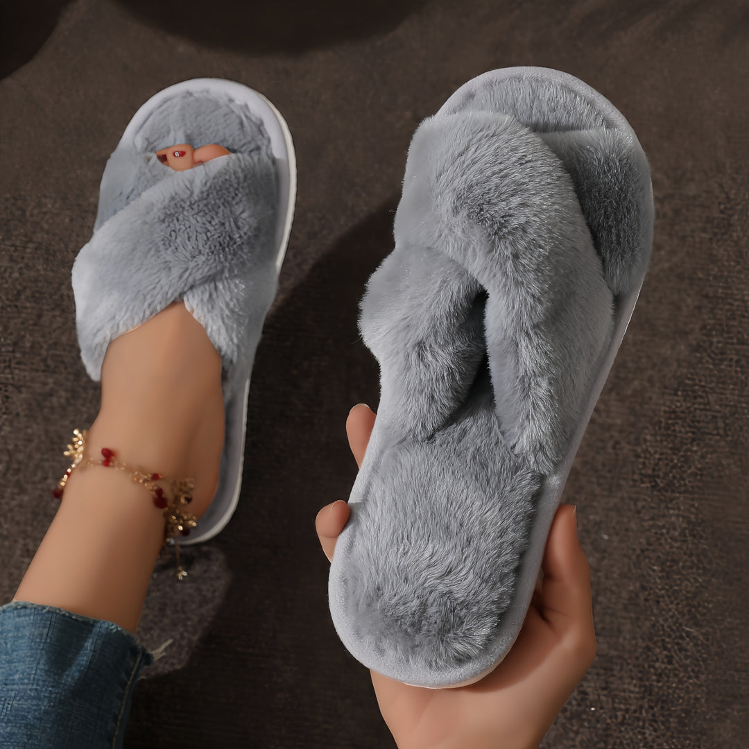 Crisscross Band Plush Indoor Slippers, Cozy & Warm Leopard Print Soft Sole Fuzzy Shoes, Non Slip Home Floor Slippers