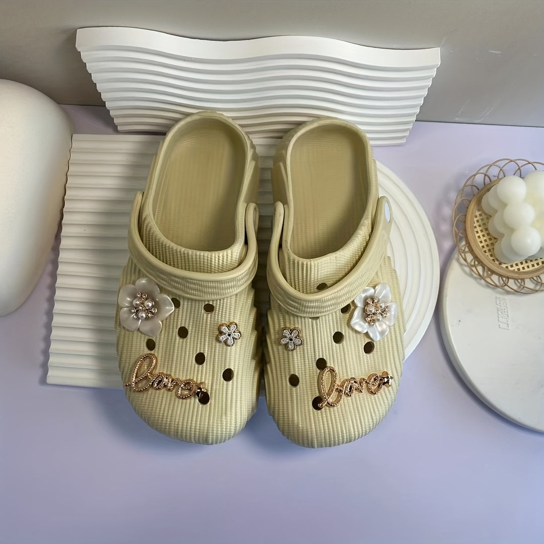 Women's Summer Fashion Clogs with Charms - Soft EVA Material, Comfortable Slip-On Design, Black & Cream Floral "Love" Accents, Indoor/Outdoor Casual Wear, Outdoor Sandals | Jeweled Sandals | Comfortable Design, Ladies Sandals