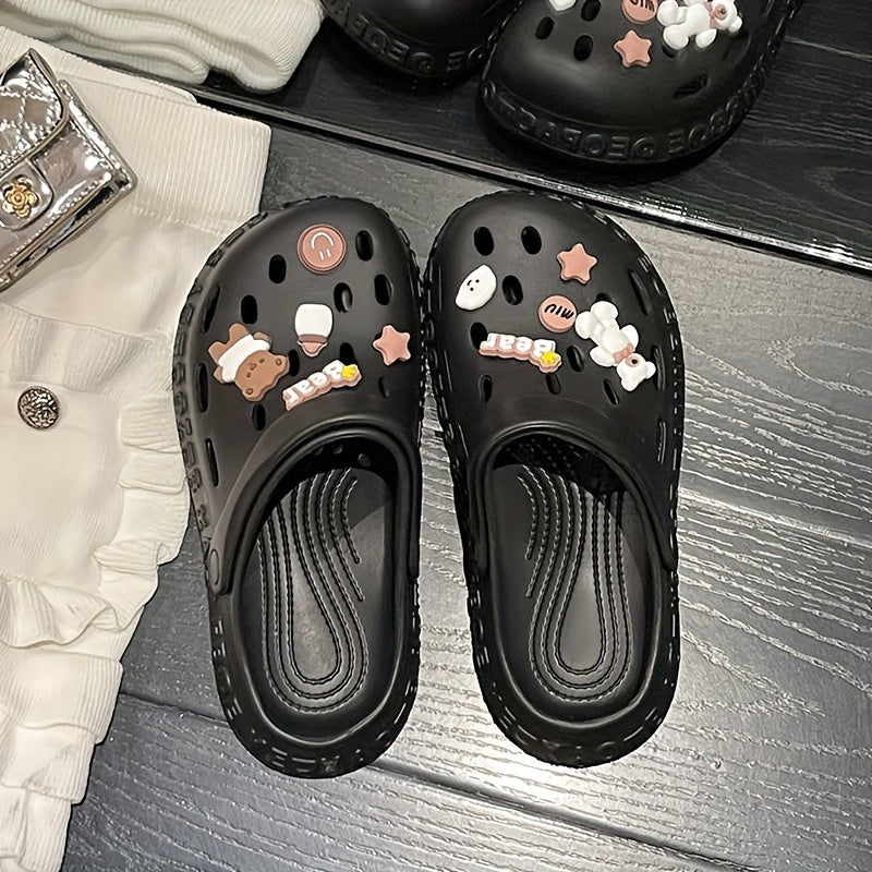 Women's Kawaii Dit Decor Clogs, Soft Sole Lightweight Closed Toe Beach Shoes, Breathable Hollow Out Garden Clogs