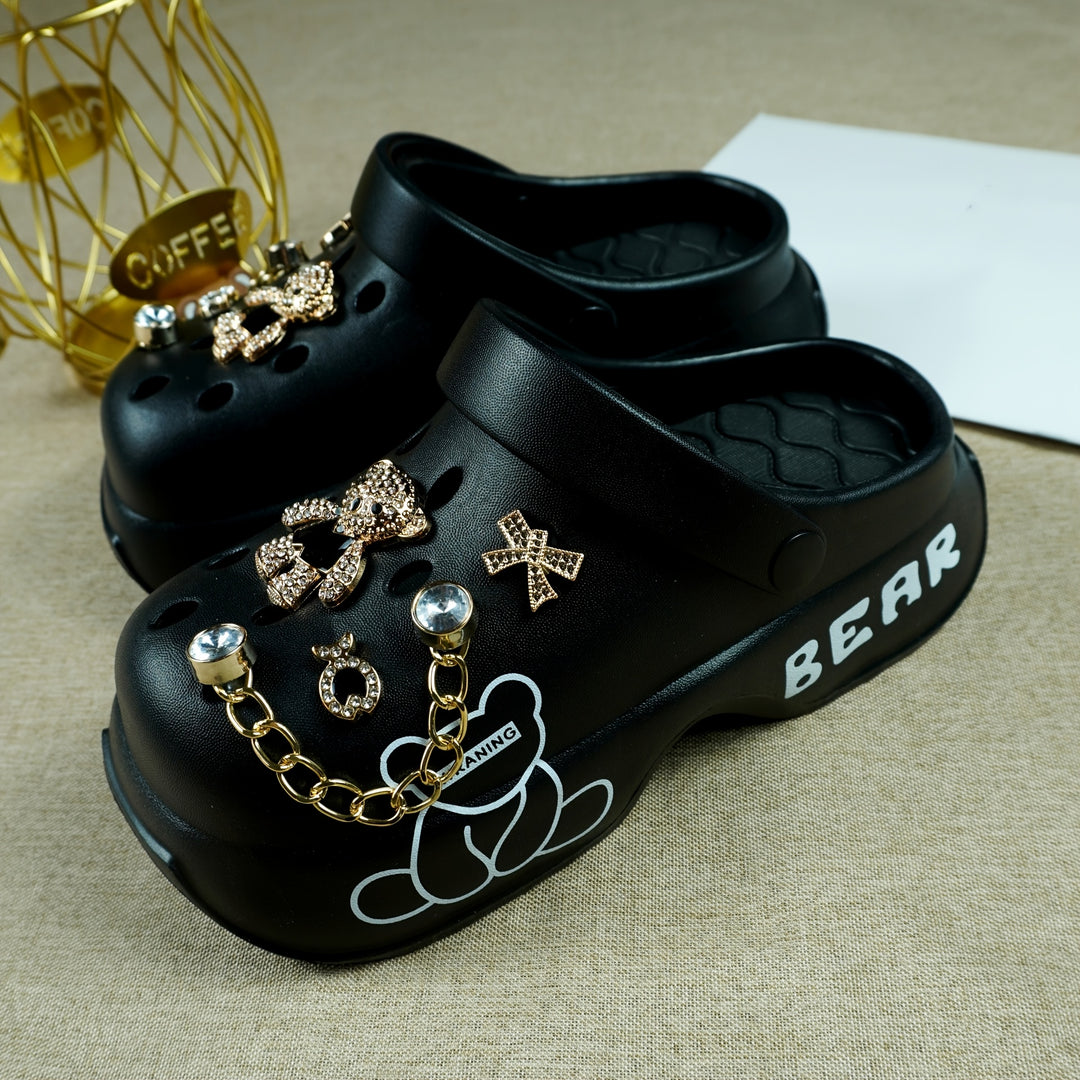 Stylish Black & Golden Women’s Clogs with Bear Charm & Chain Detail - Breathable, Non-Slip, Comfortable EVA Garden Shoes for All Seasons, Hand Wash or Dry Clean