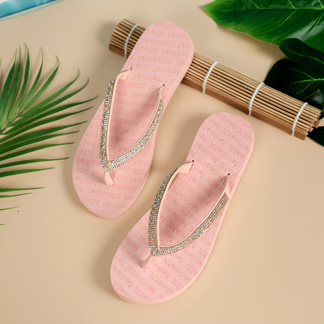 Women's Fashion Rhinestone-Embellished Flat Flip-Flops, Black Charming Beach Slides