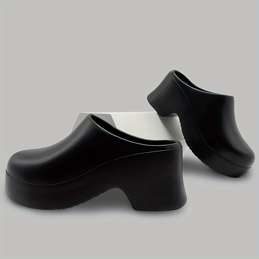 Minimalist EVA Heeled Mules for Women | All-Season Slip-On Round Toe Sandals with Mary-Jane Strap | Solid Color, Waterproof, Wear-Resistant, Mid-Heel Block with Cushioned Insole