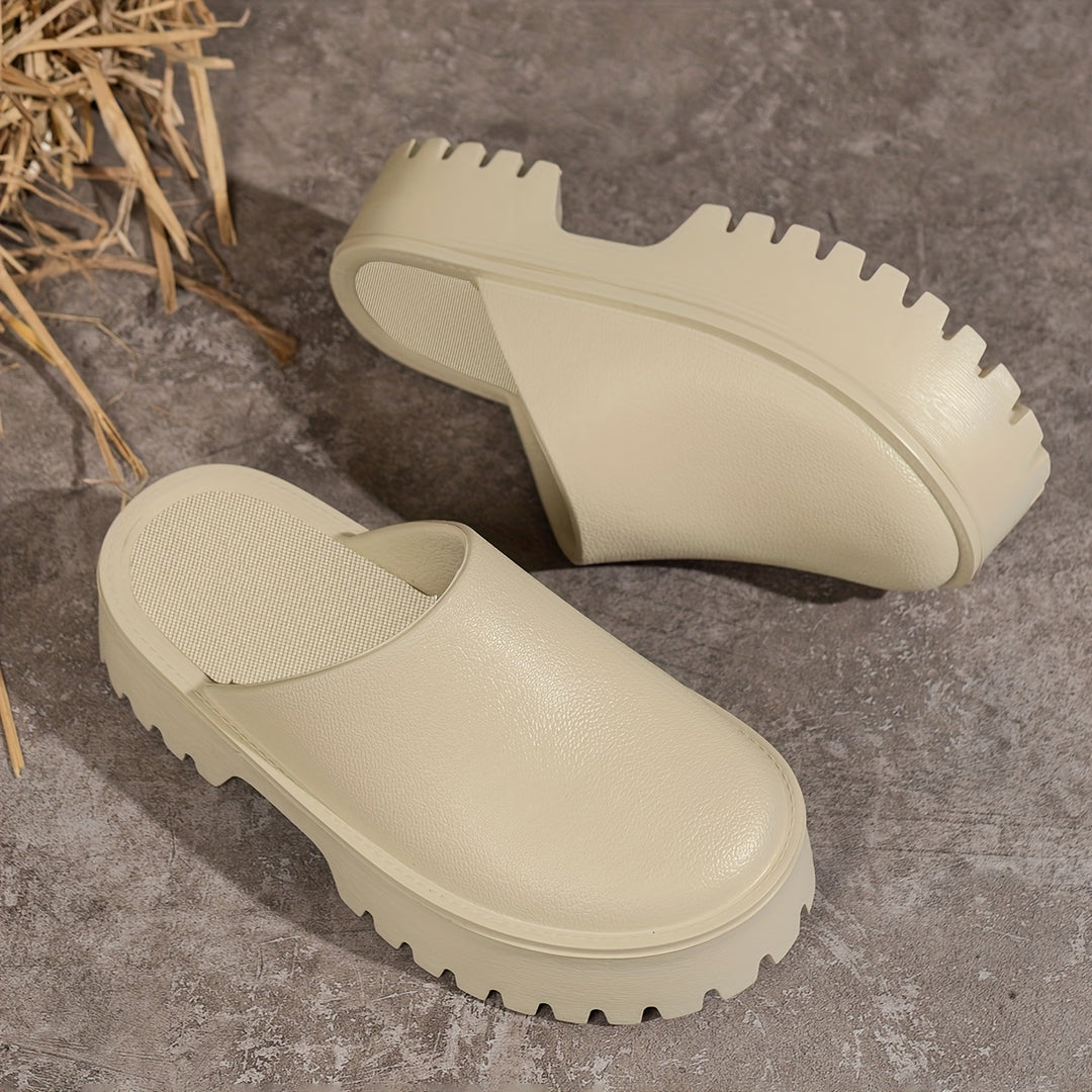 [Outdoor Adventures] Women's Stylish Beige Slip-On Platform Sandals - Waterproof, Non-Slip Thick Sole, Round Toe EVA Material, All-Season Comfort Shoes for Outdoor Wear, Versatile Comfort Shoes | Chic Slipon Sandals | EVA Mat