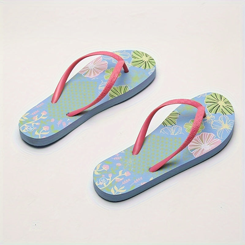 Women's Floral Pattern Flip Flops, Summer Beach Flat Slide Shoes, Lightweight Indoor & Outdoor Slides for Holiday