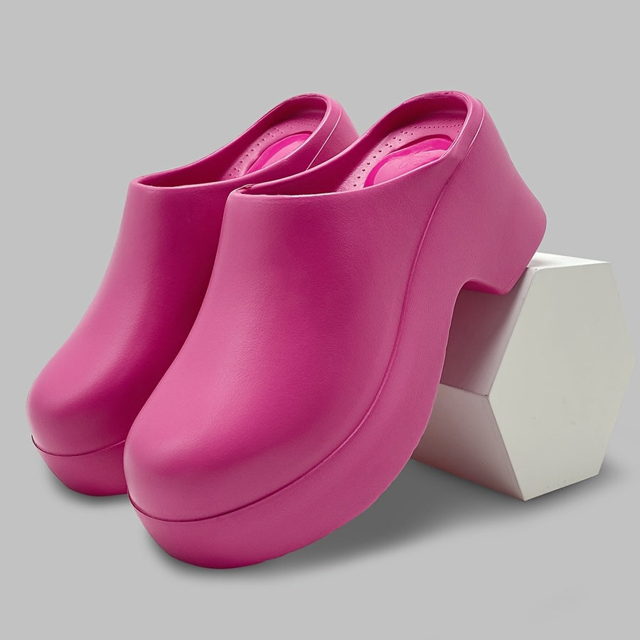 Minimalist EVA Heeled Mules for Women | All-Season Slip-On Round Toe Sandals with Mary-Jane Strap | Solid Color, Waterproof, Wear-Resistant, Mid-Heel Block with Cushioned Insole