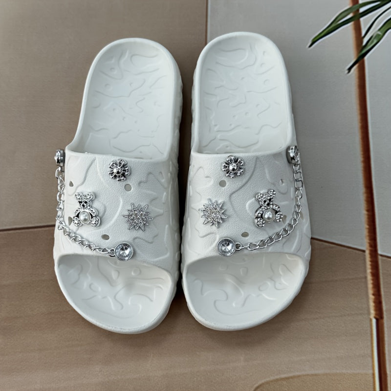 Women's Simple and Cute Solid Color Bear Silvery Chain Fashionable and Versatile Casual and Beautiful Refusal Wear-resistant and Anti-slip Daily Elegant and Sweet One-word Slippers for Walking in the Garden, Beach, Bathroom a