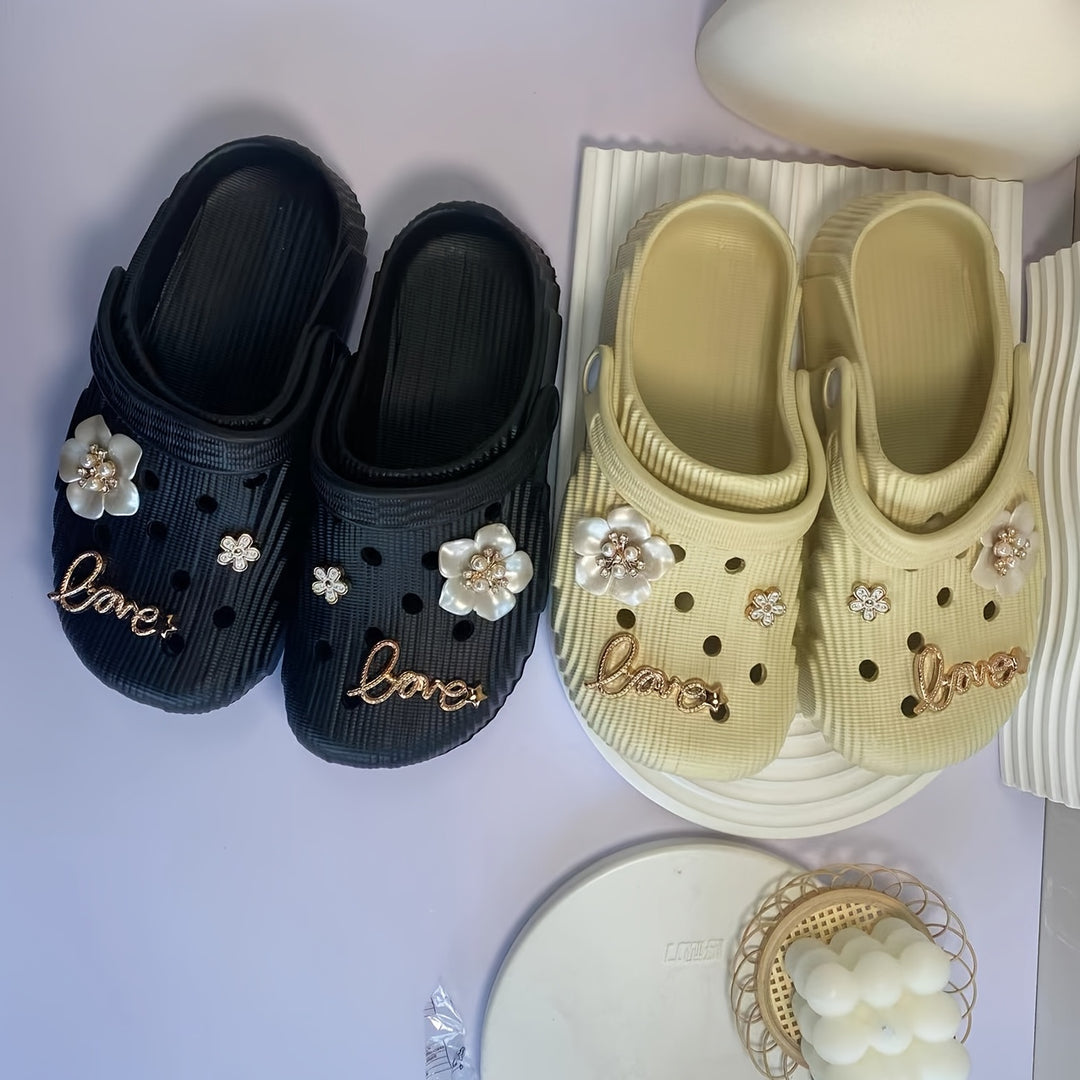 Women's Summer Fashion Clogs with Charms - Soft EVA Material, Comfortable Slip-On Design, Black & Cream Floral "Love" Accents, Indoor/Outdoor Casual Wear, Outdoor Sandals | Jeweled Sandals | Comfortable Design, Ladies Sandals