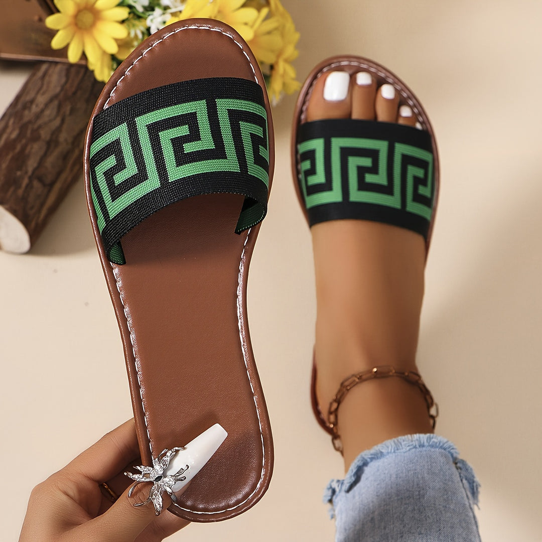 [Summer Slipon] Chic Women's Slide Sandals - Casual Open-Toe Flats with Geometric Pattern, Breathable Knit Upper & Faux Cover Insole, Rubber Sole - Easy Slip-On, Perfect for Summer