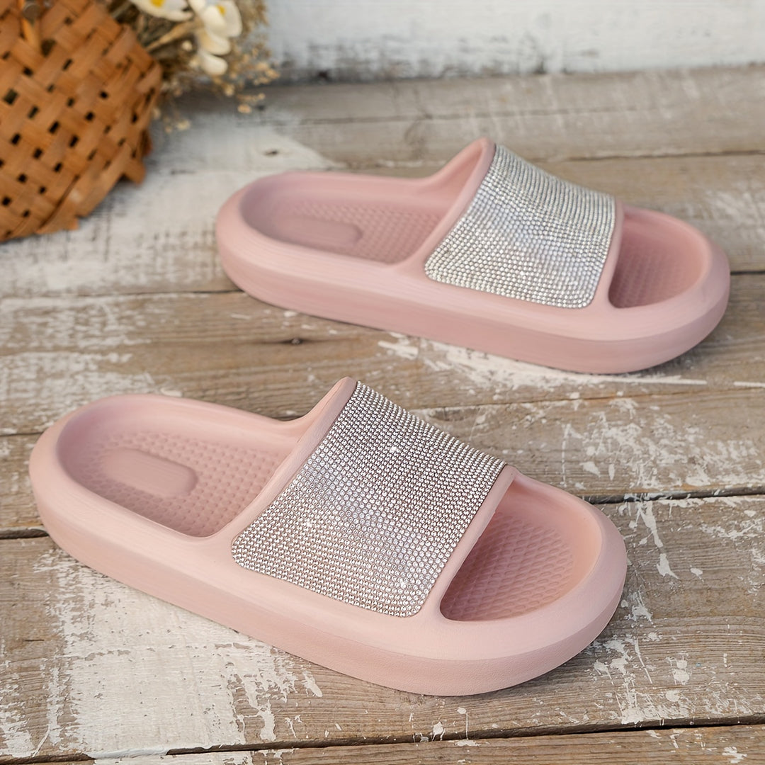 Women's Sparkling Rhinestone Pink Slides - Non-Slip, Durable EVA Material, Open-Toe Indoor/Outdoor Slippers with Soft Sole - Retro Fashion, All-Season Comfort, Casual Slippers | Open Toe Slippers | EVA Sandals