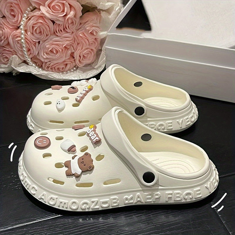 Women's Kawaii Dit Decor Clogs, Soft Sole Lightweight Closed Toe Beach Shoes, Breathable Hollow Out Garden Clogs