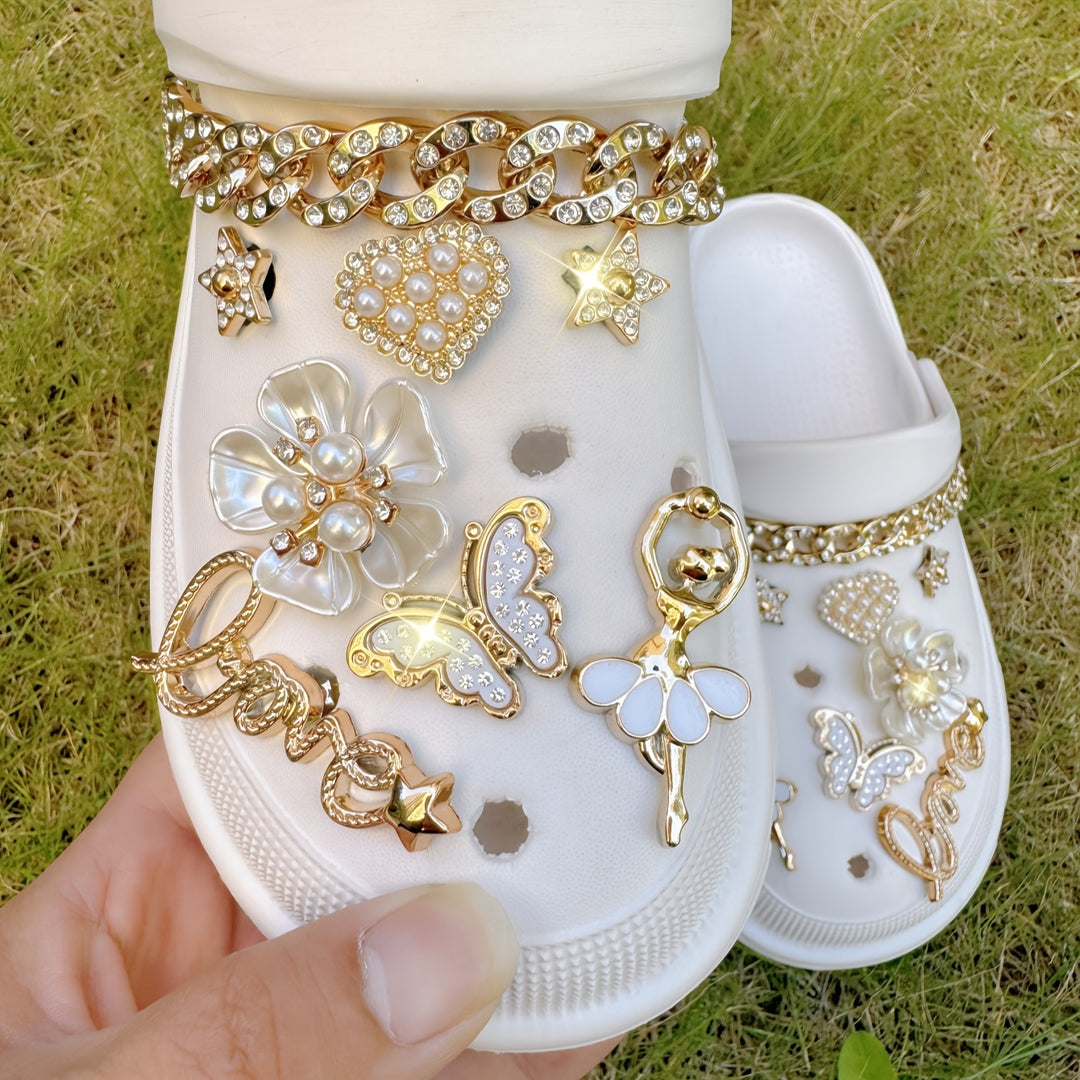 16pcs Girls Pearl Flower Butterfly Chain Set of Fashionable DIY Shoe Ornaments, Suitable for Garden Shoes, Sandals, etc. Removable Shoe and Boot Decorations