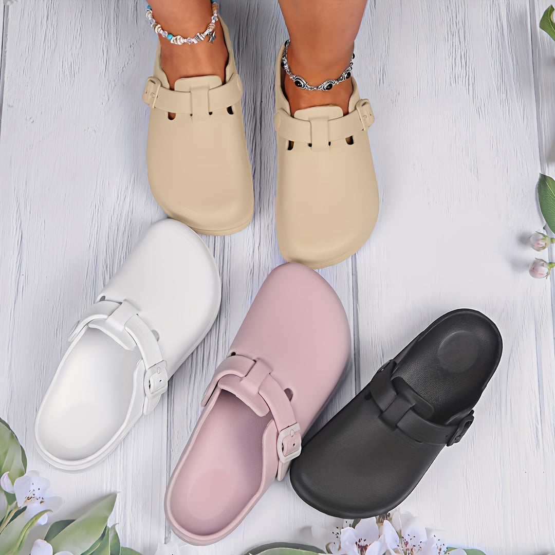 Women's Solid Color Clogs, Casual Buckle Strap Design Flat Shoes, Comfortable Slip On Shoes