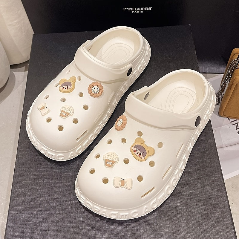 Women's Kawaii Dit Decor Clogs, Soft Sole Lightweight Closed Toe Beach Shoes, Breathable Hollow Out Garden Clogs