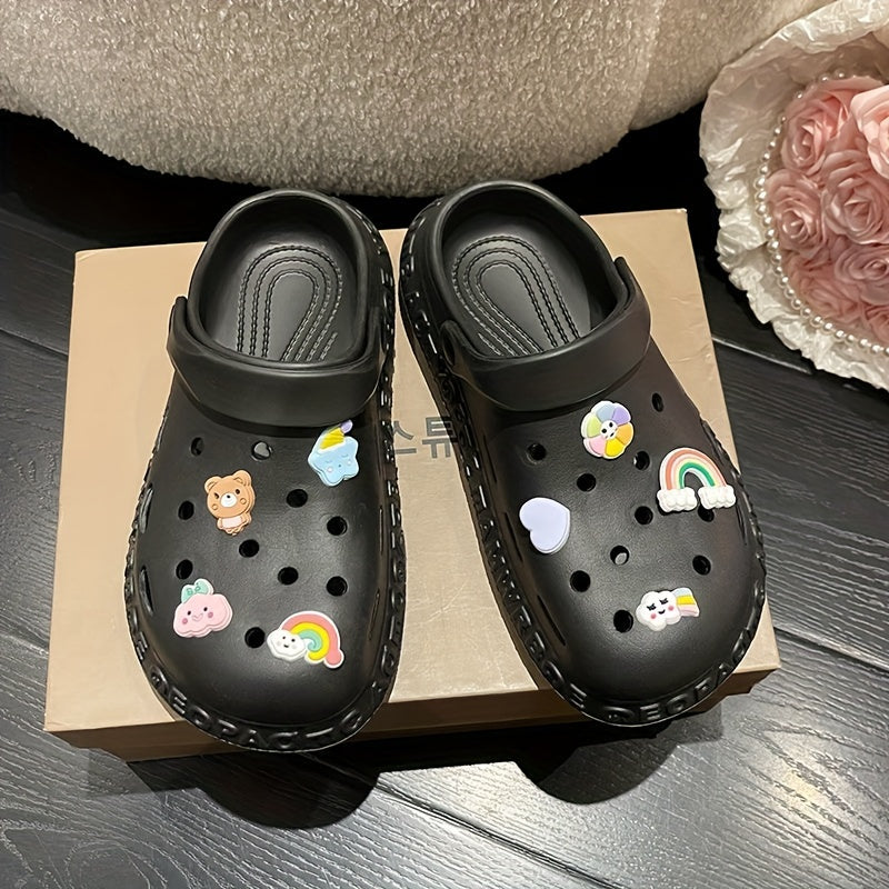 Women's Kawaii Dit Decor Clogs, Soft Sole Lightweight Closed Toe Beach Shoes, Breathable Hollow Out Garden Clogs