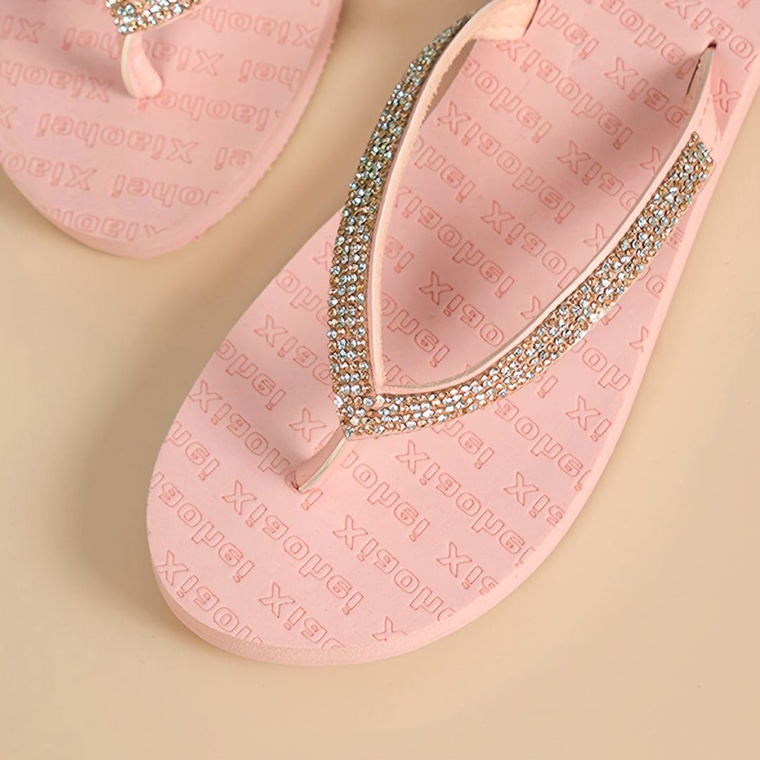 Women's Fashion Rhinestone-Embellished Flat Flip-Flops, Black Charming Beach Slides