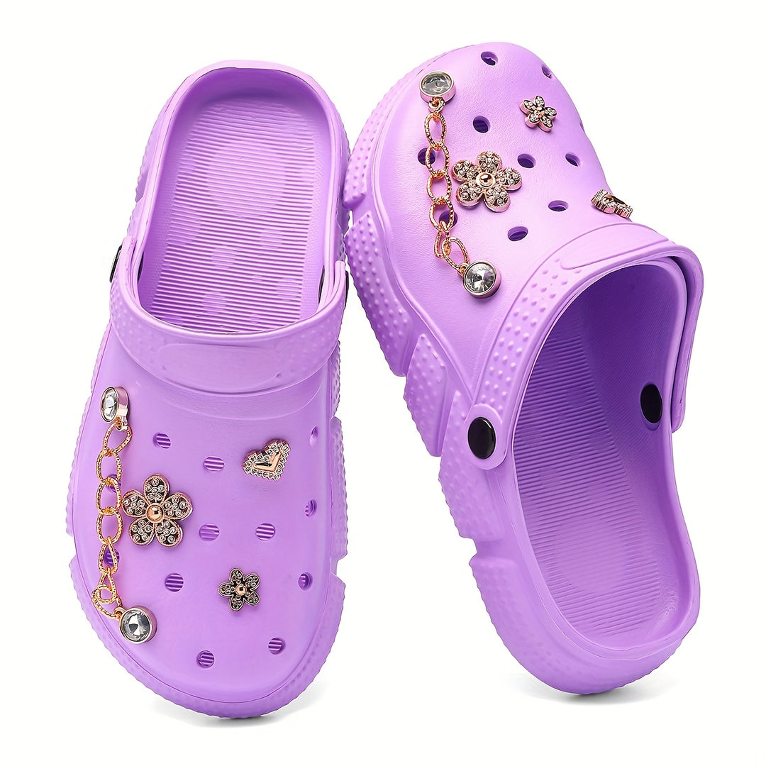 Women's Fashionable Pink Crocs with Floral Chain Accents - Breathable & Non-Slip EVA Garden Shoes, Comfortable Slip-On Beach & Pool Sandals, Durable Rubber Material, Ideal for All Seasons