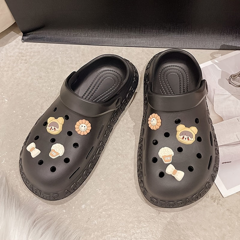 Women's Kawaii Dit Decor Clogs, Soft Sole Lightweight Closed Toe Beach Shoes, Breathable Hollow Out Garden Clogs
