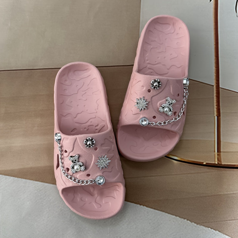 Women's Simple and Cute Solid Color Bear Silvery Chain Fashionable and Versatile Casual and Beautiful Refusal Wear-resistant and Anti-slip Daily Elegant and Sweet One-word Slippers for Walking in the Garden, Beach, Bathroom a
