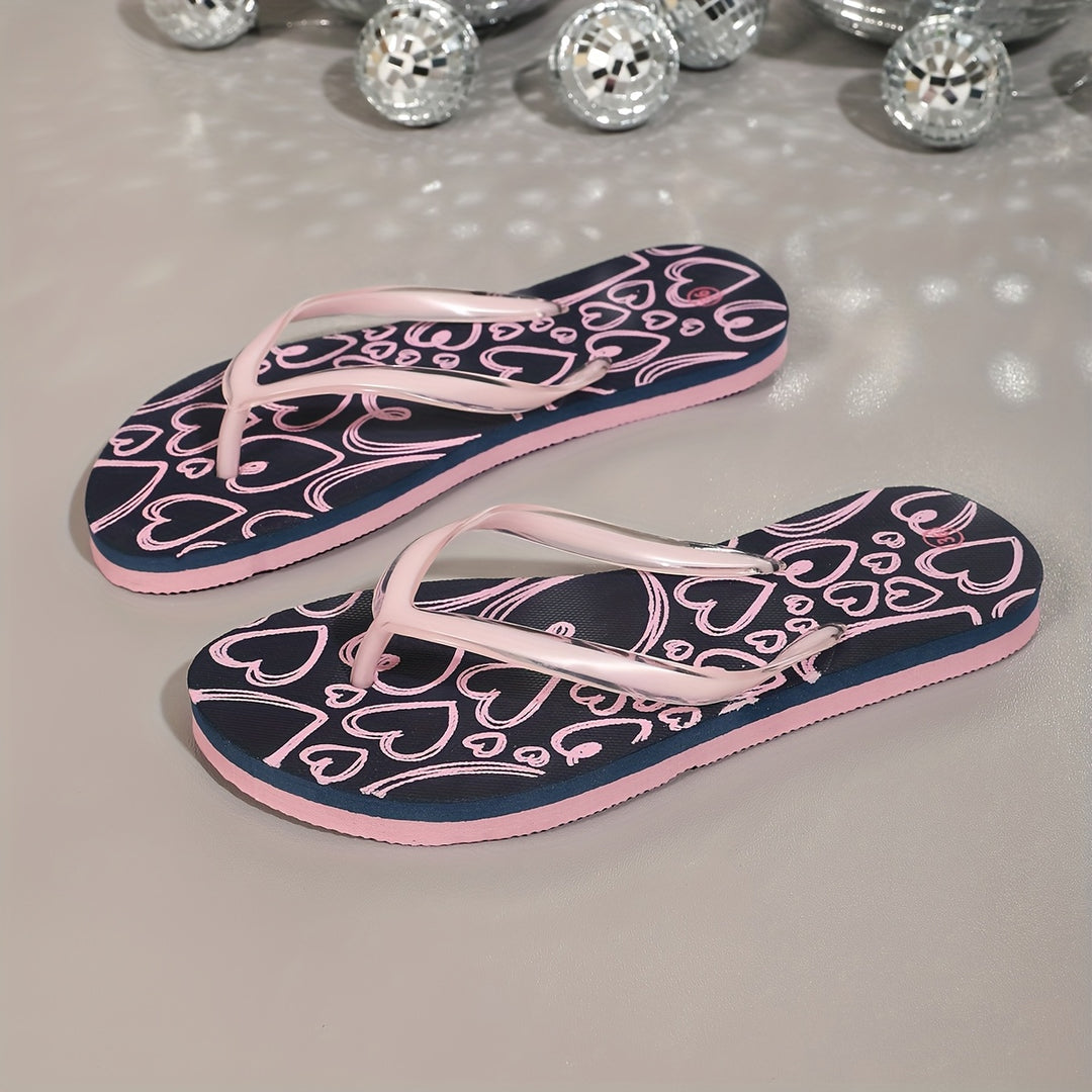 Women'S Fashionable Heart Print Flip-Flops, Casual Flat Printed EVA Summer Beach Sandals, Home And Outdoor Vacation Slippers.