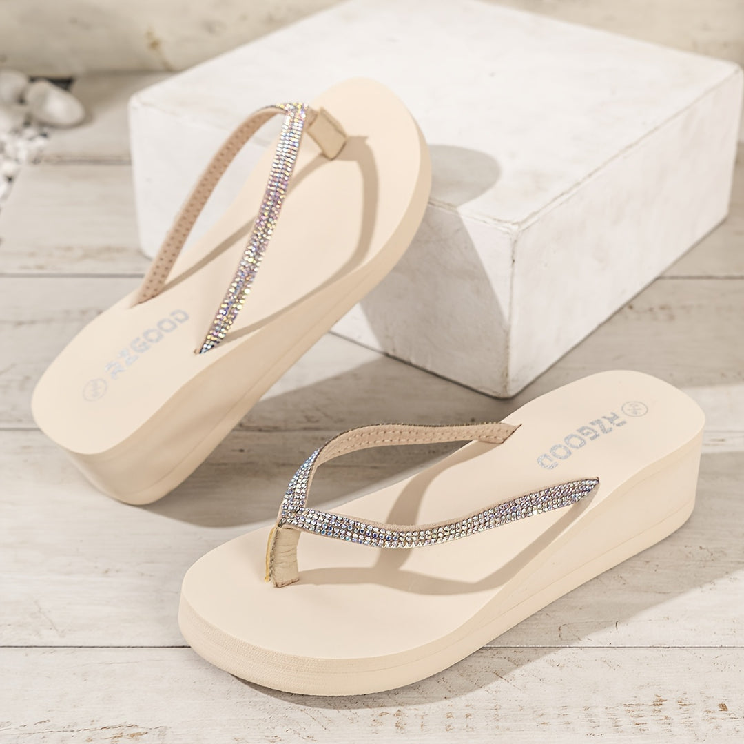 Women's Solid Color Flip Flops, Platform Slip On Rhinestone Decor Beach Slides, Non-slip Wedge Seaside Slides
