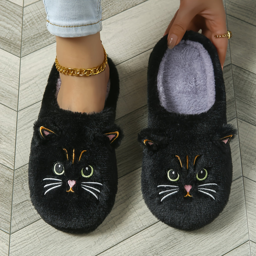 Women's Cute Cartoon Black Cat Slippers with Big Eyes and Ears, Soft Warm Non-slip Indoor House Slip-on Slippers with Fabric Upper, Inner, Insole and TPR Sole