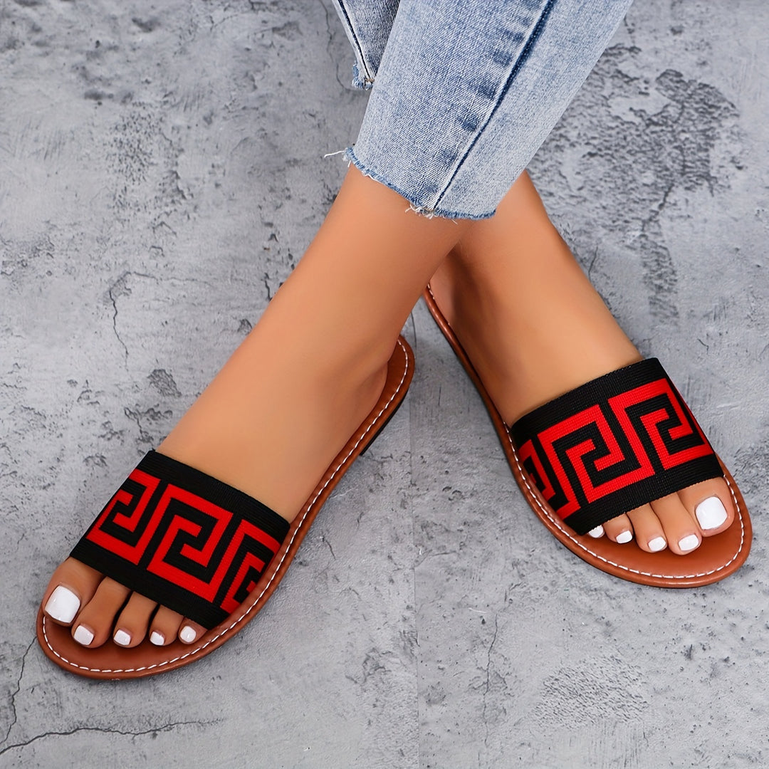 [Summer Slipon] Chic Women's Slide Sandals - Casual Open-Toe Flats with Geometric Pattern, Breathable Knit Upper & Faux Cover Insole, Rubber Sole - Easy Slip-On, Perfect for Summer