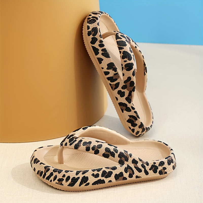 Leopard Print EVA Flip Flops, Fashion Soft Sole Wear-resistant Pillow Slides, Indoor & Outdoor Beach Shoes
