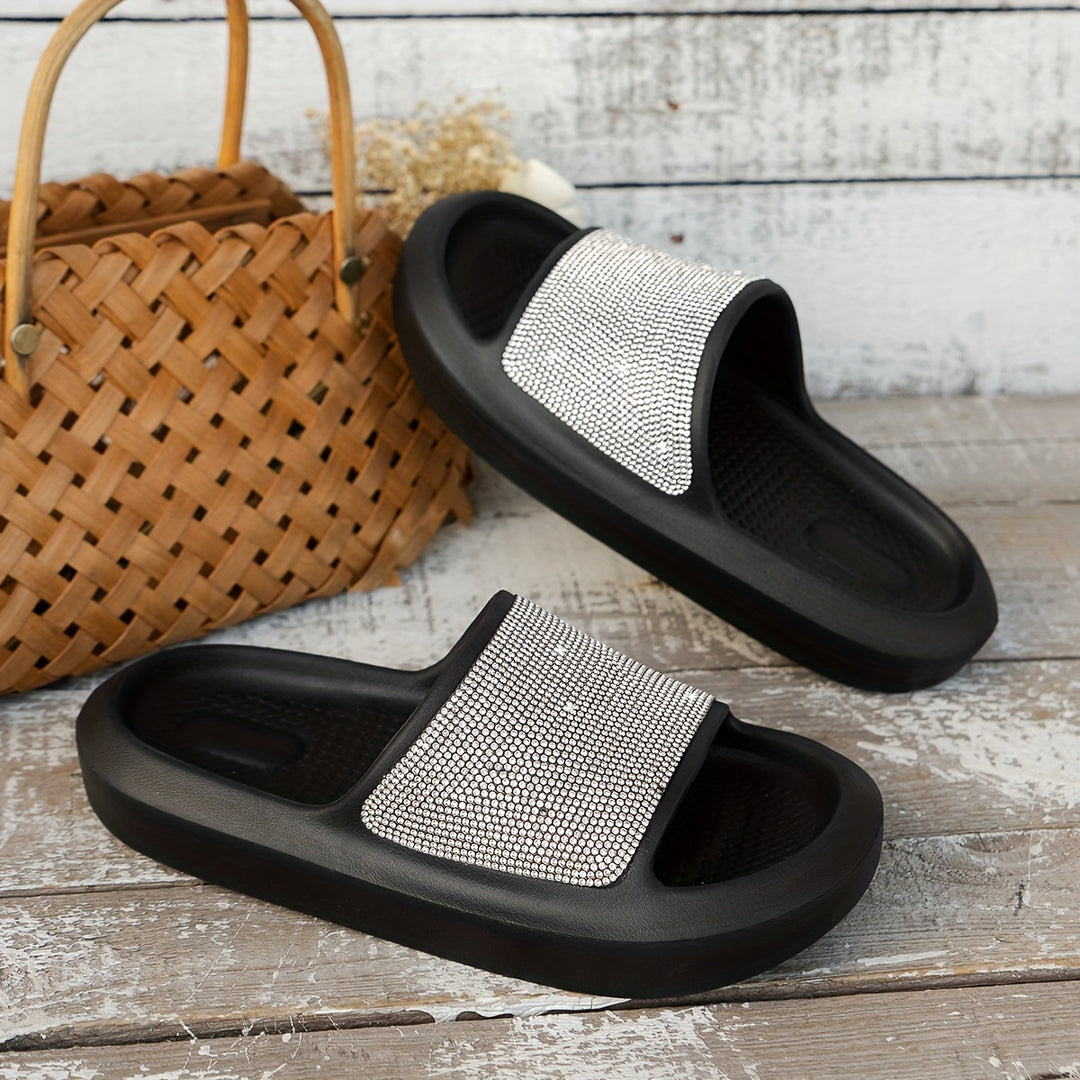 Women's Sparkling Rhinestone Pink Slides - Non-Slip, Durable EVA Material, Open-Toe Indoor/Outdoor Slippers with Soft Sole - Retro Fashion, All-Season Comfort, Casual Slippers | Open Toe Slippers | EVA Sandals