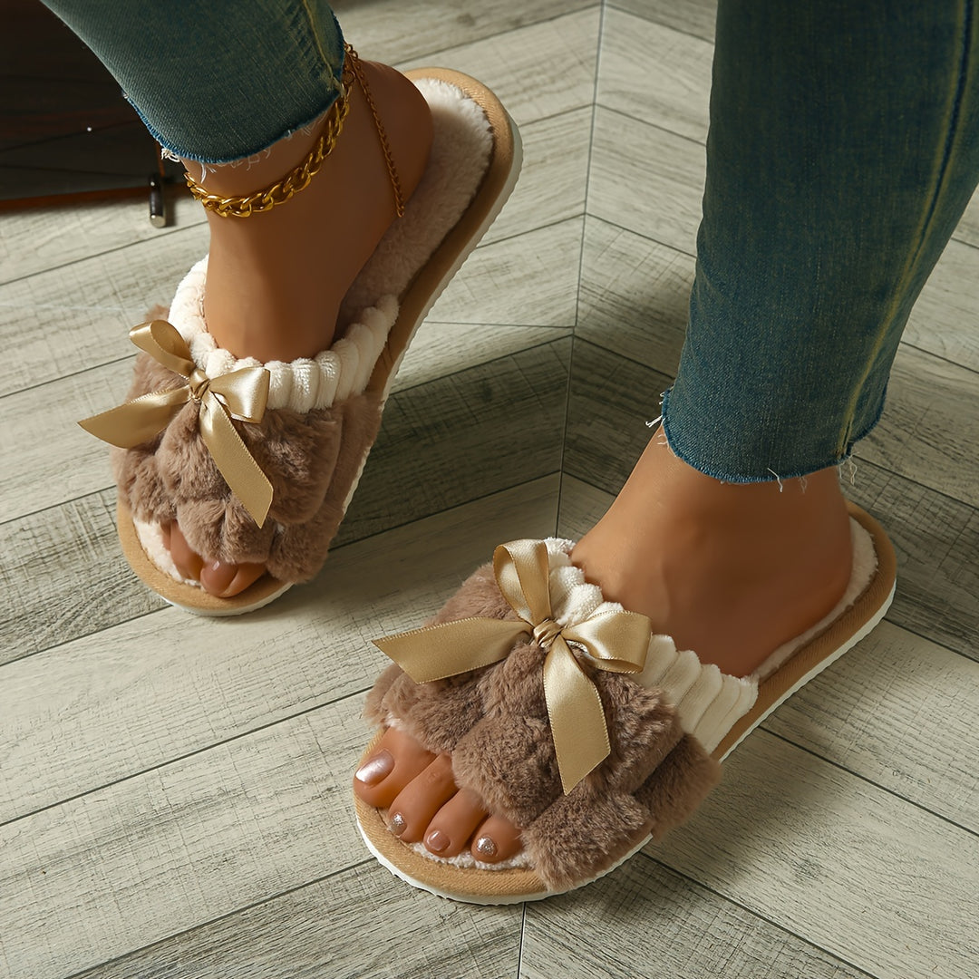 Warm Bowknot Decor Slippers, Casual Open Toe Plush Shoes, Comfortable Indoor Home Slippers