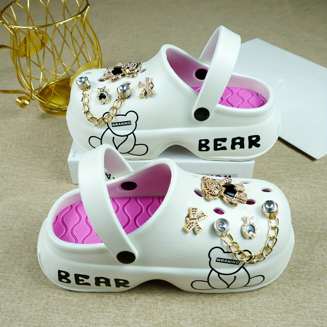 Stylish Black & Golden Women’s Clogs with Bear Charm & Chain Detail - Breathable, Non-Slip, Comfortable EVA Garden Shoes for All Seasons, Hand Wash or Dry Clean