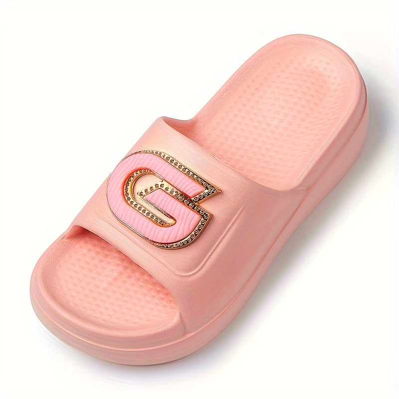 Stylish Women's Summer Platform Slide Sandals - Pink EVA Thick Sole with Metallic "G" Decor, Open Toe, Mid-Heel, Easy Slip-On, Hand Washable, Ladies Sandals