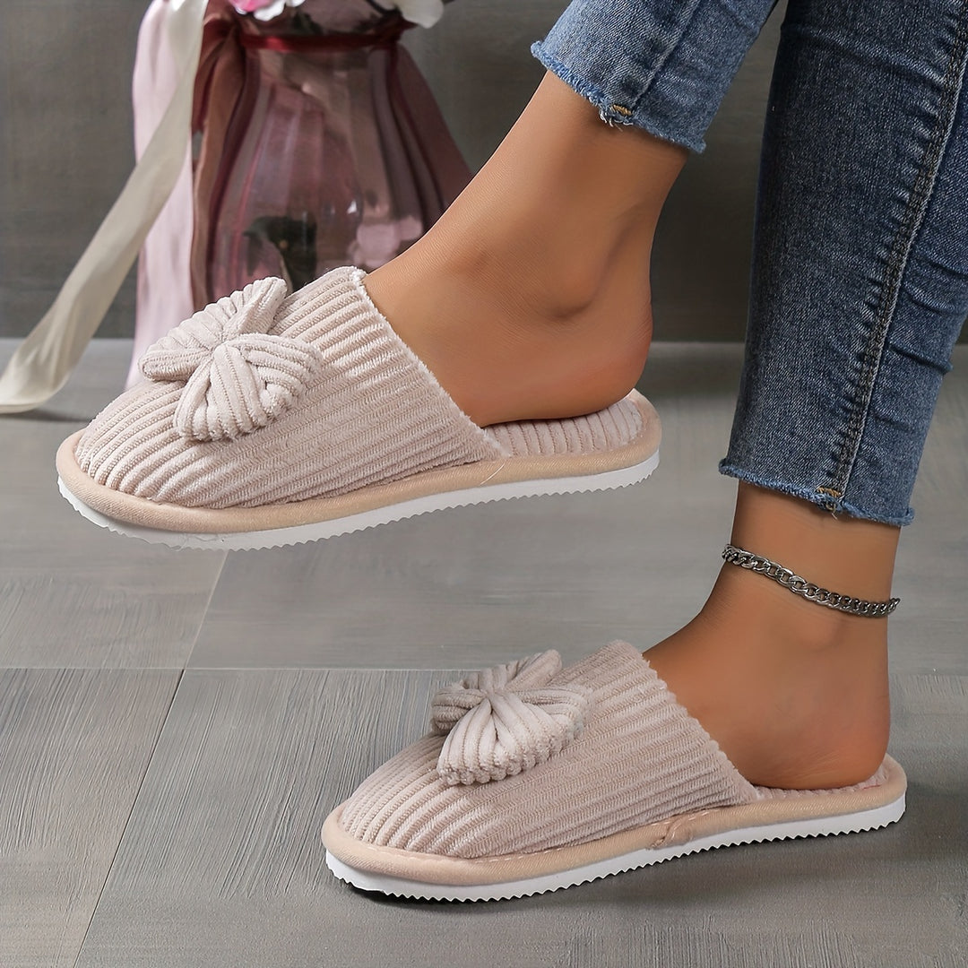 Cute Bowknot Soft Sole Fuzzy Slippers, Winter Cozy & Warm Slip On Plush Shoes, Comfy Closed Toe Home Slippers
