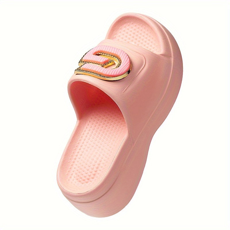 Stylish Women's Summer Platform Slide Sandals - Pink EVA Thick Sole with Metallic "G" Decor, Open Toe, Mid-Heel, Easy Slip-On, Hand Washable, Ladies Sandals