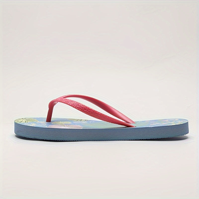 Women's Floral Pattern Flip Flops, Summer Beach Flat Slide Shoes, Lightweight Indoor & Outdoor Slides for Holiday
