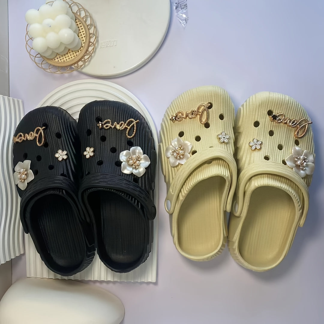 Women's Summer Fashion Clogs with Charms - Soft EVA Material, Comfortable Slip-On Design, Black & Cream Floral "Love" Accents, Indoor/Outdoor Casual Wear, Outdoor Sandals | Jeweled Sandals | Comfortable Design, Ladies Sandals