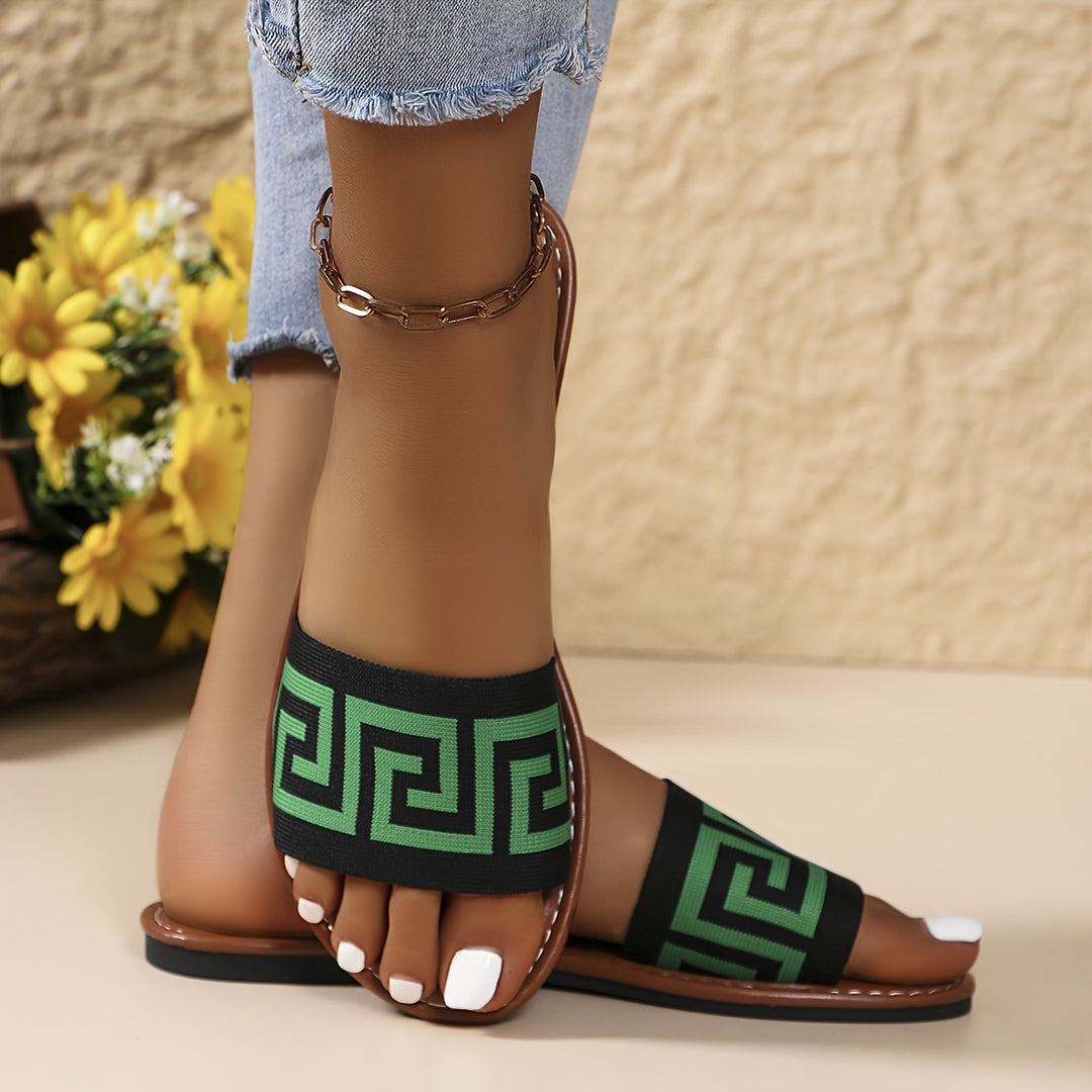 [Summer Slipon] Chic Women's Slide Sandals - Casual Open-Toe Flats with Geometric Pattern, Breathable Knit Upper & Faux Cover Insole, Rubber Sole - Easy Slip-On, Perfect for Summer